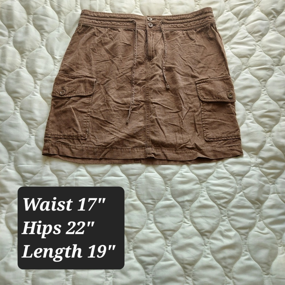 Izod Brown Linen & Rayon Cargo Mini Skirt Drawstring Utility Size 10 - Picture 2 of 5